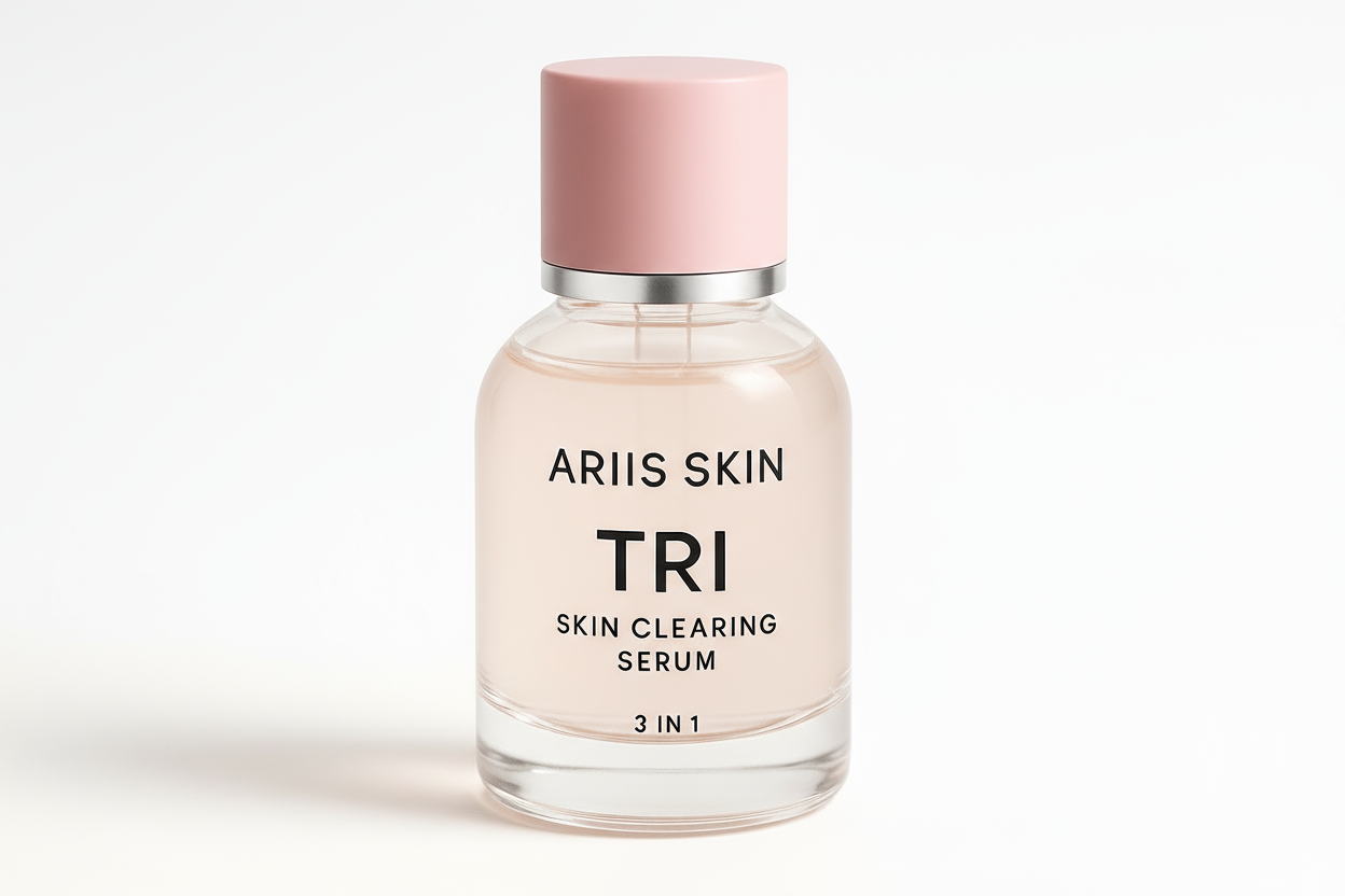 ARIIS SKIN 3 IN 1 TRI Skin Clearing Serum  clear round bottle  pink lid touch of sliver  glass bottle